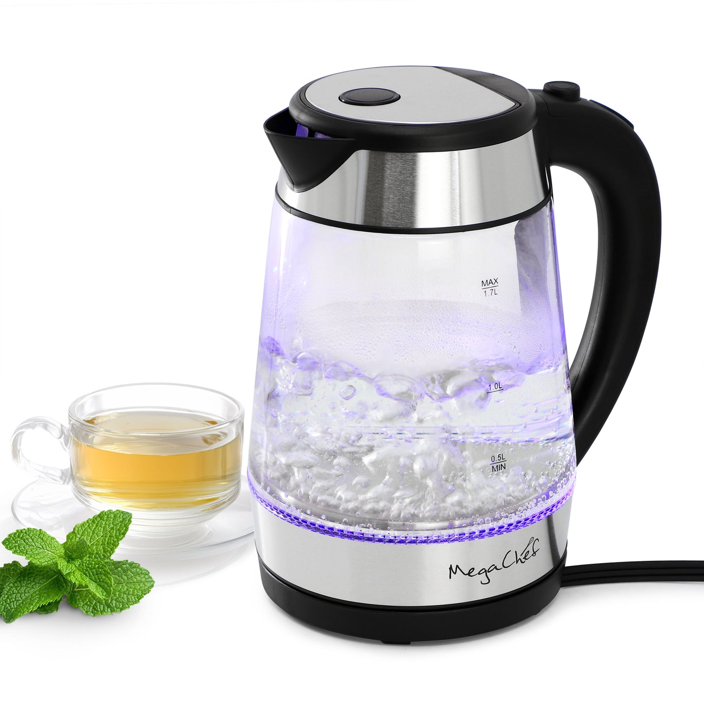 MegaChef 1.8 qt Glass & Stainless Steel Electric Tea Kettle Silver