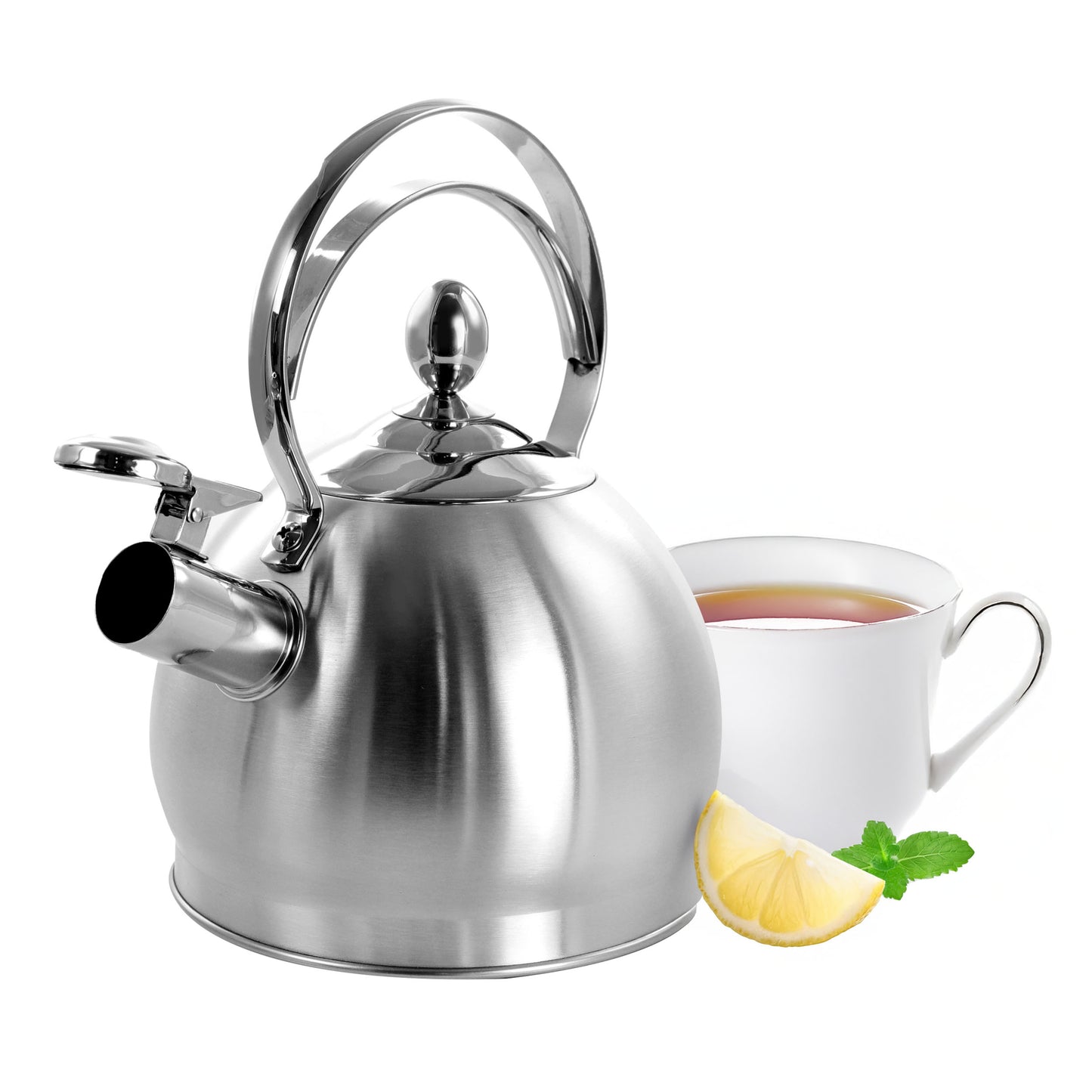 MegaChef 2.8 Liter Round SS Stovetop Whistling Kettle in Brushed Silver