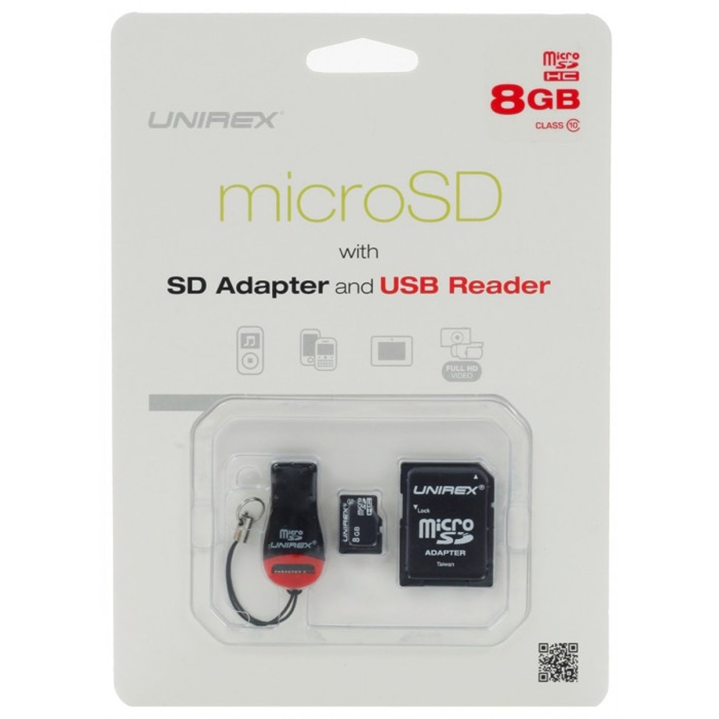 Unirex MicroSD High Capacity 8GB Class 10 w SD Adapter & USB Reader