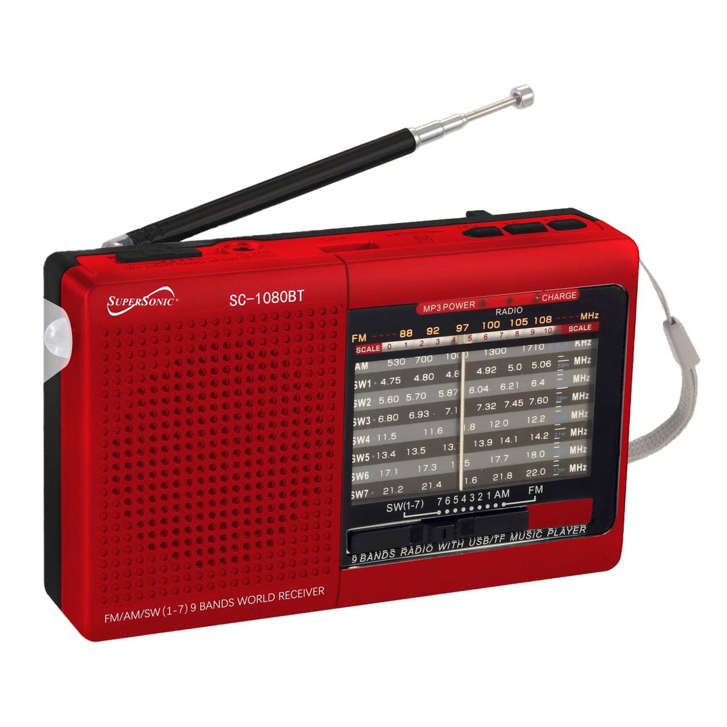 Supersonic 9 Band Radio w Bluetooth in Red