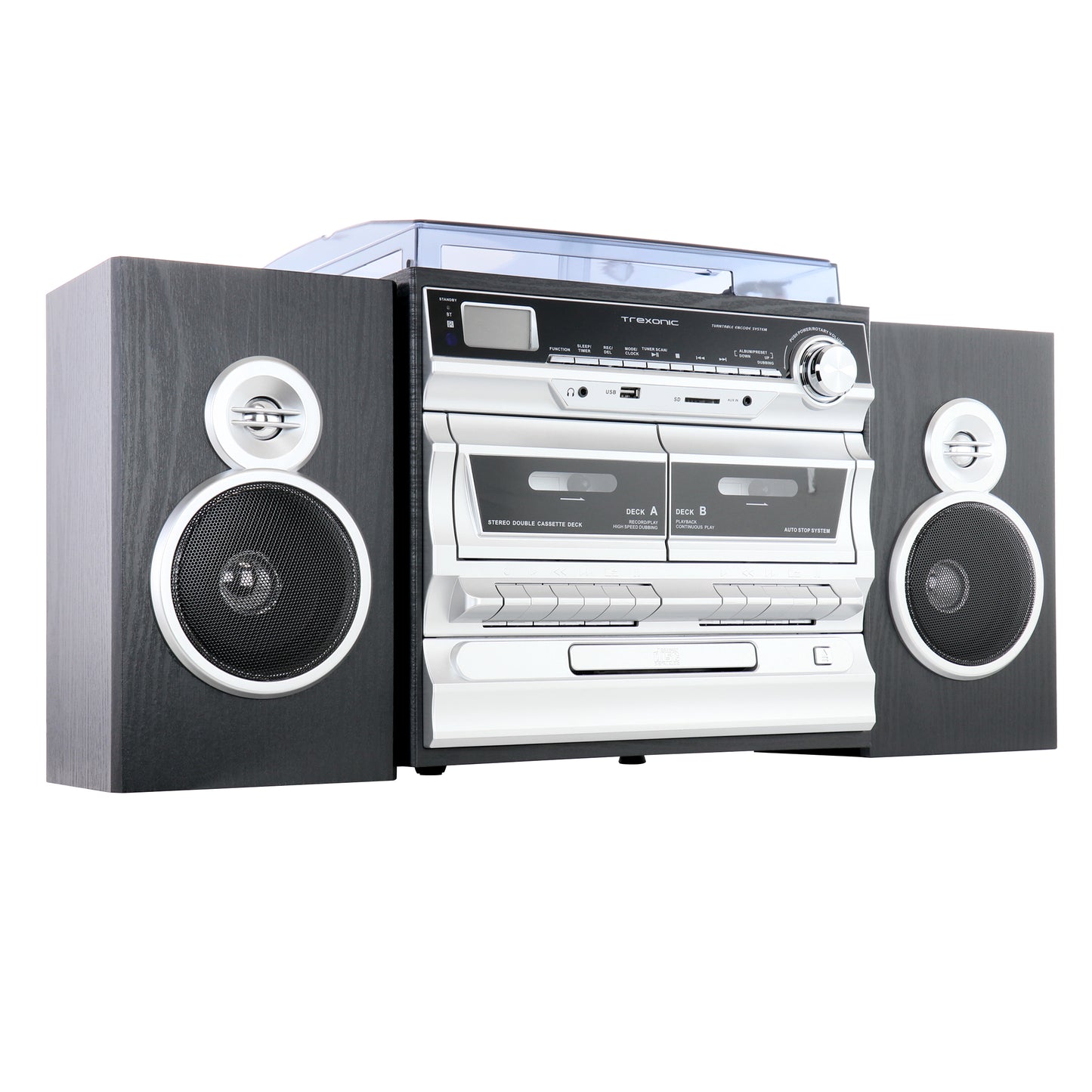 Trexonic 11BS 3-Speed Turntable Dual Cassette CD Player w USB SD AUX Bluetooth