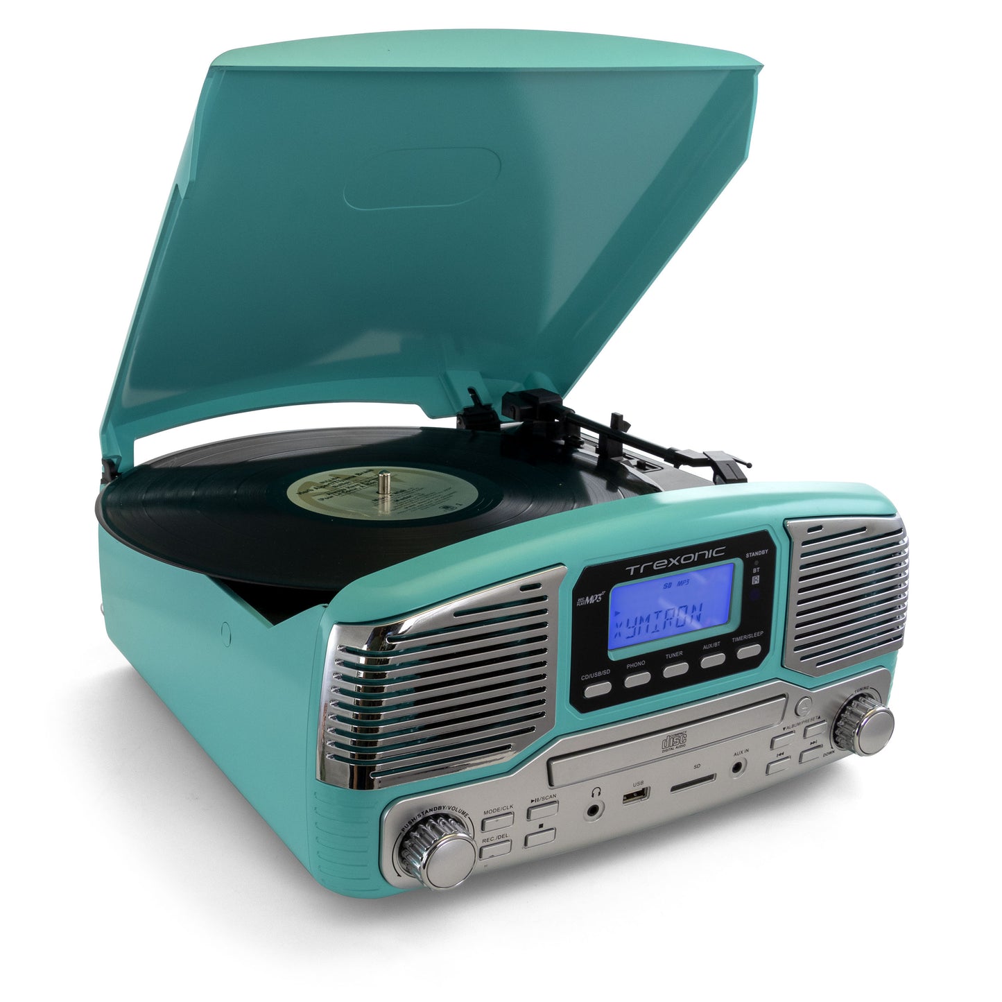 Trexonic Turquoise Retro Bluetooth 3-spd Turntable Record CD Player FM USB SD