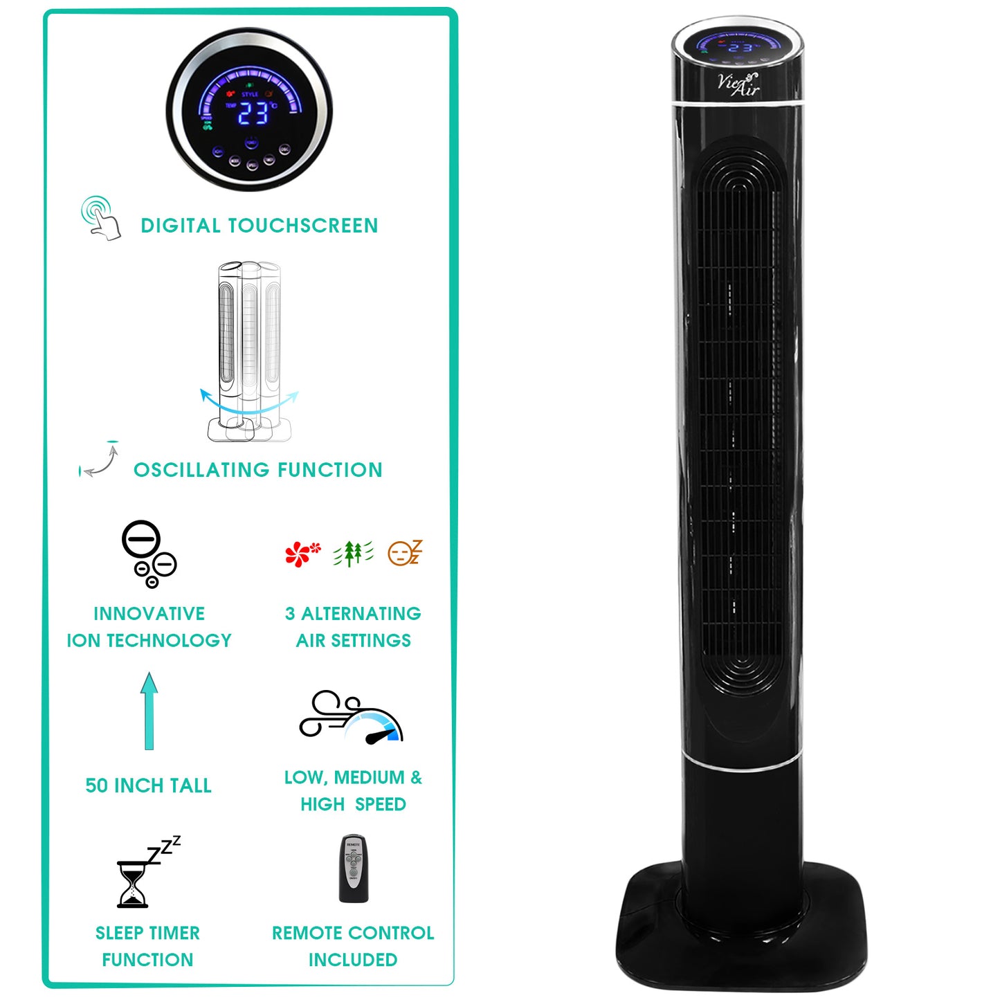 Vie Air 50" Luxury Digital 3 Speed High Velocity Tower Fan w Fresh Air Ionizer &