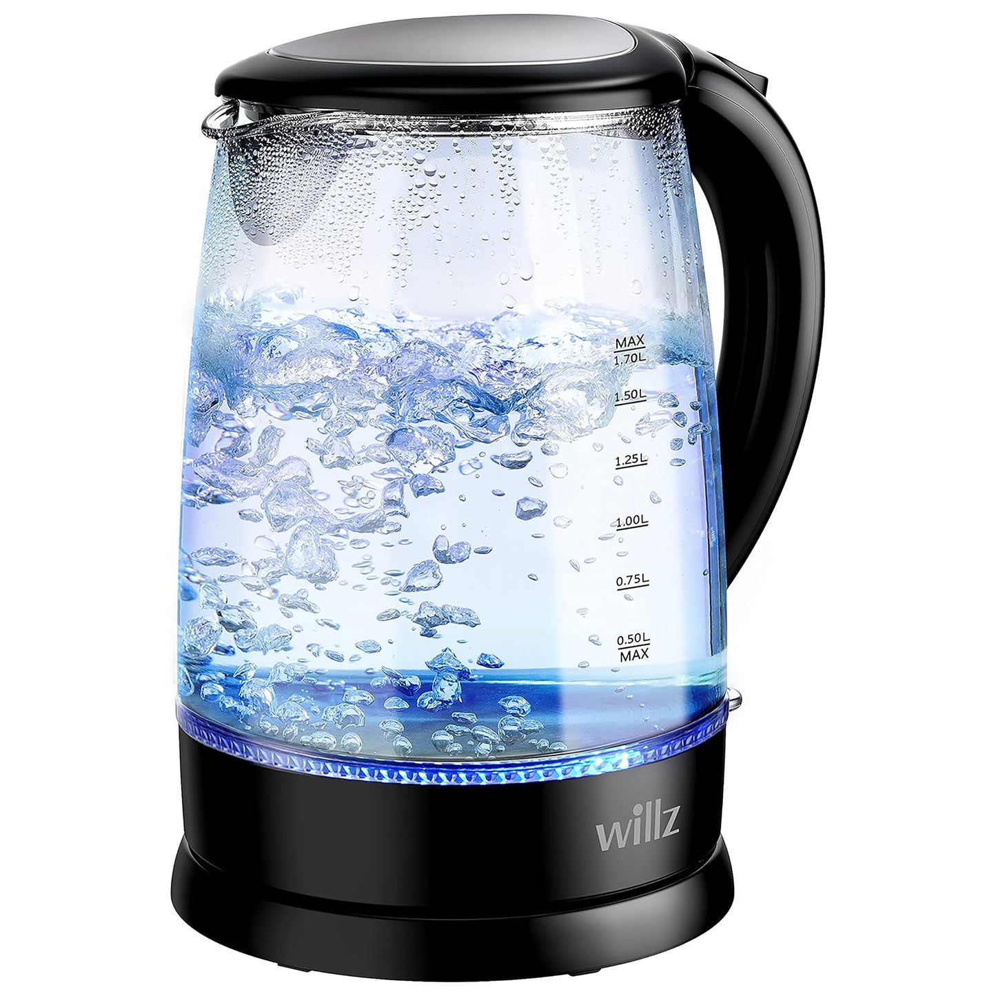 Willz 1.7 Liter 1500 Watt Electric Glass Tea Kettle in Black w Auto Shut Off