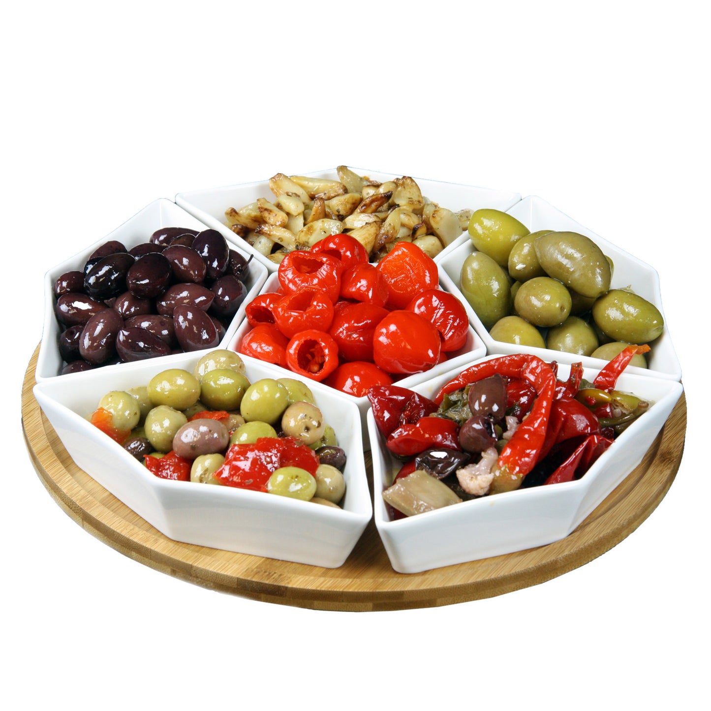 Elama Signature 12" 7-pc Condiment Server Set w Bamboo Lazy Suzan Serving Tray