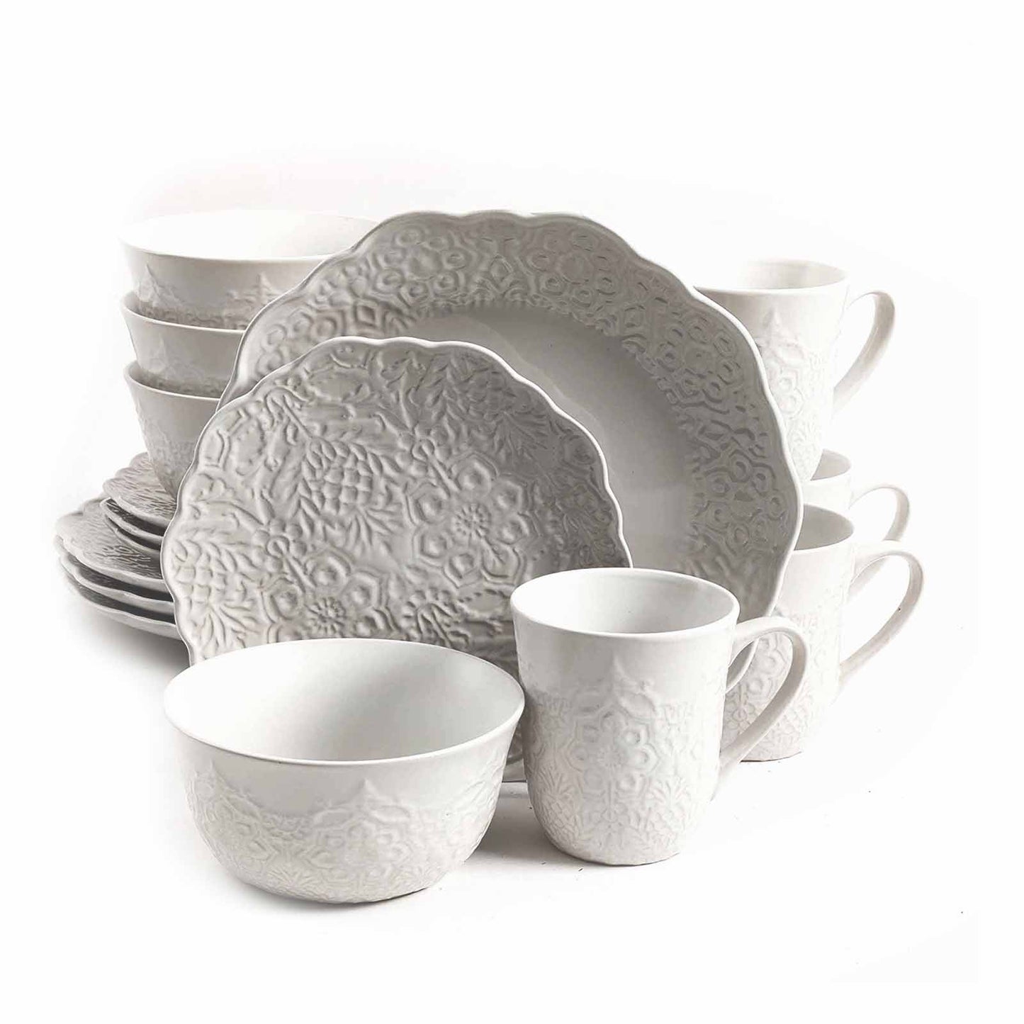 Gibson Portina 16 Piece Stoneware Dinnerware Set in Linen, Service for 4