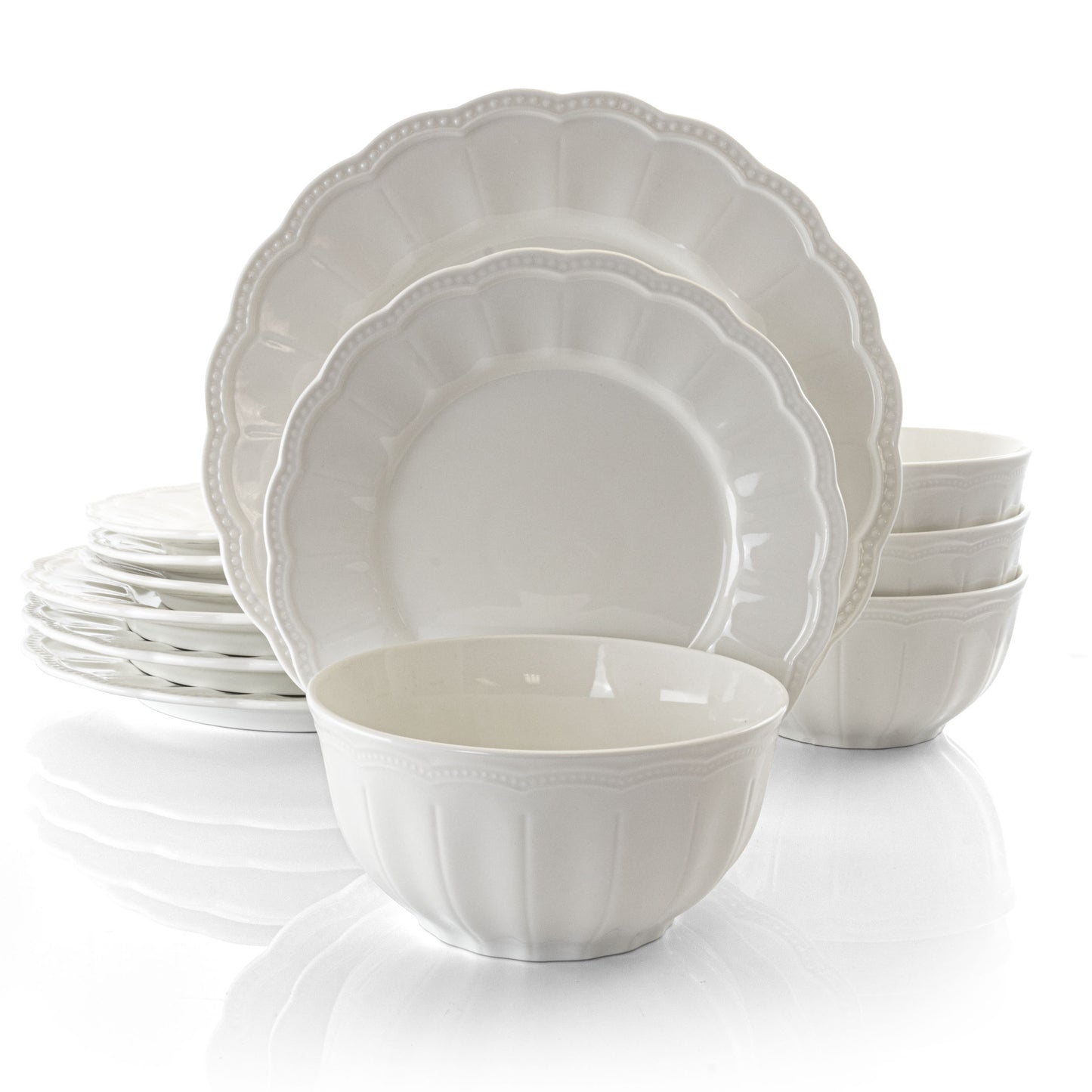 Gibson Ultra 12 Piece Scalloped Fine Ceramic Dinnerware Set in White