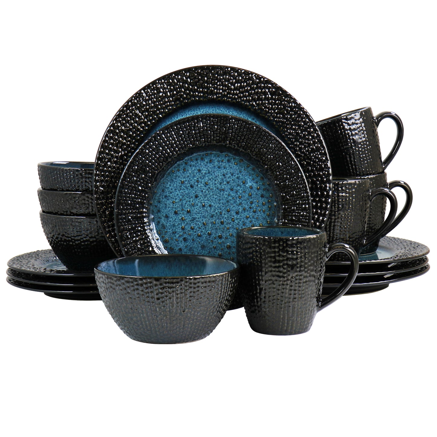 Elama Estevan 16 Piece Round Textured Stoneware Dinnerware Set in Charcoal and B