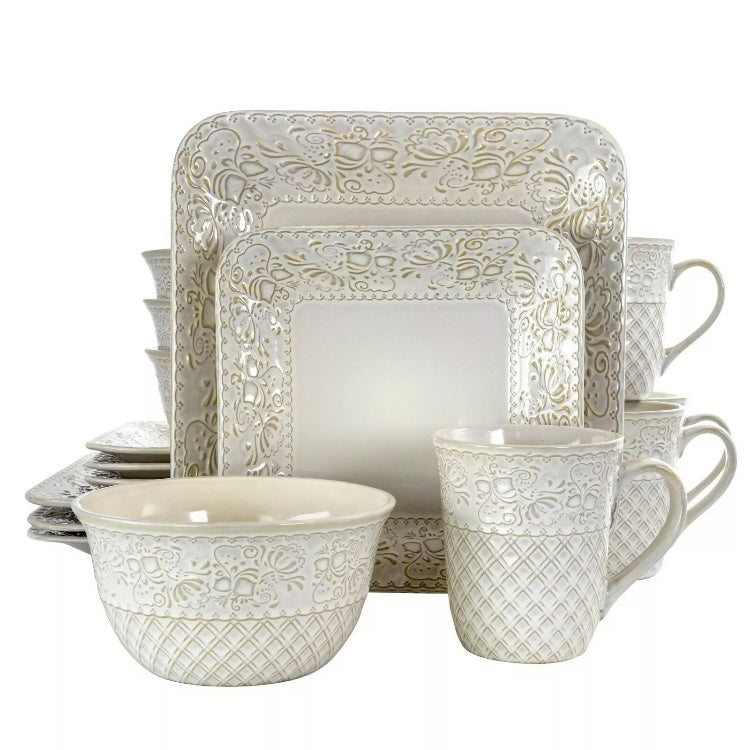 Elama Ivory Lotus 16 Piece Stoneware Embossed Floral Square Dinnerware Set For 4