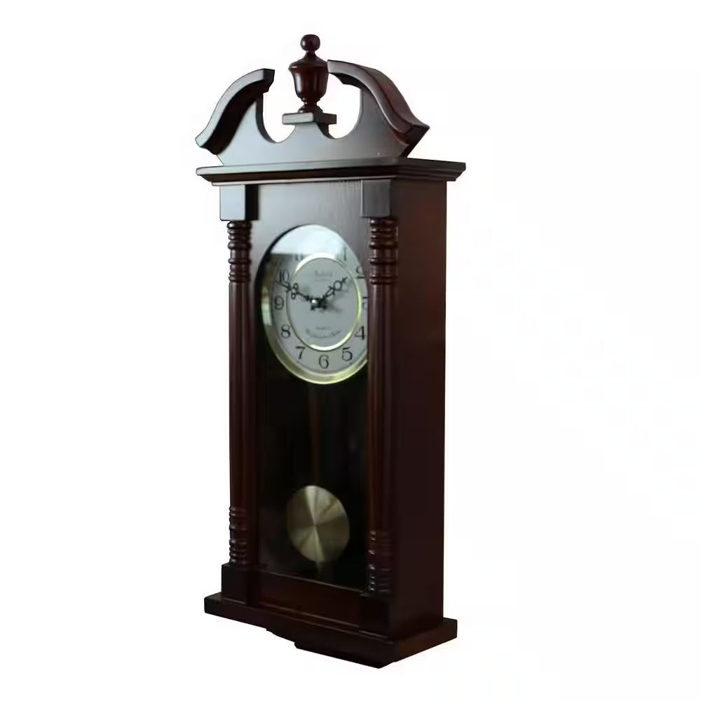 Bedford 27.5" Cherry Oak Wood Traditional Wall Clock w Pendulum & Hourly Chimes