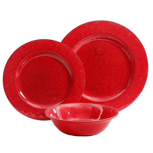 Studio California Mauna 12 Piece Melamine Dinnerware Set in Red Crackle Look Dec