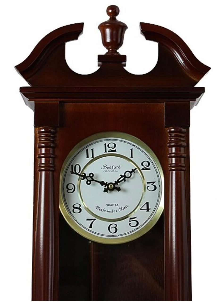 Bedford 27.5" Cherry Oak Wood Traditional Wall Clock w Pendulum & Hourly Chimes