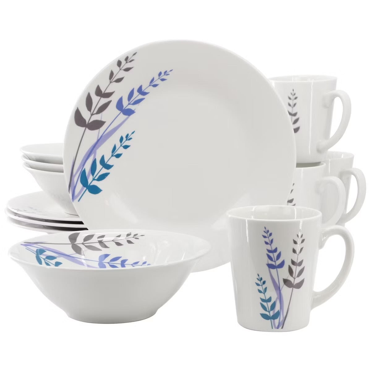 Gibson Blue Leaves 12 Piece Round White Ceramic Dinnerware Set for 4