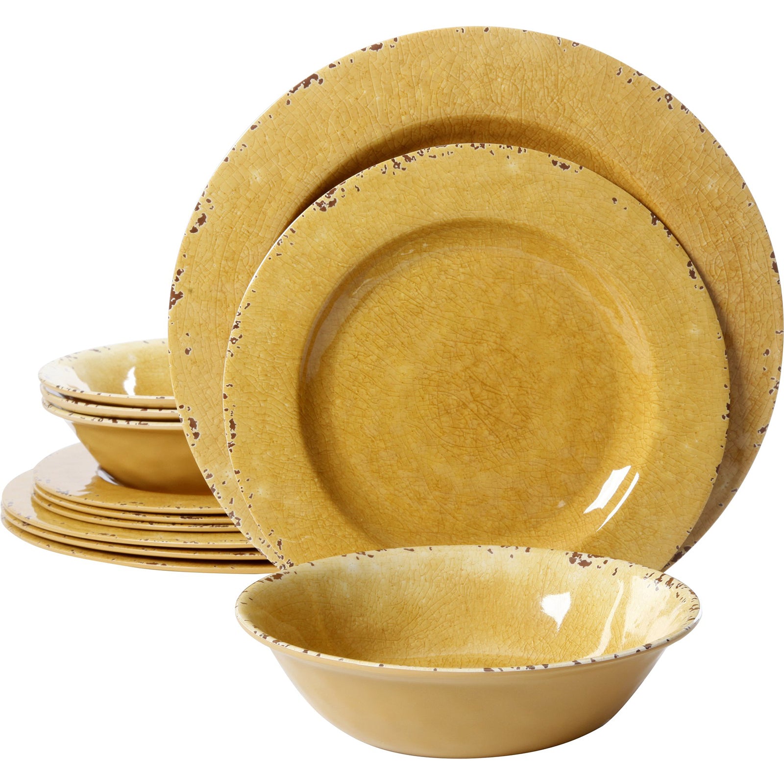 Studio California Melamine Mauna 12-Piece Dinnerware Set in Yellow Crackle Look