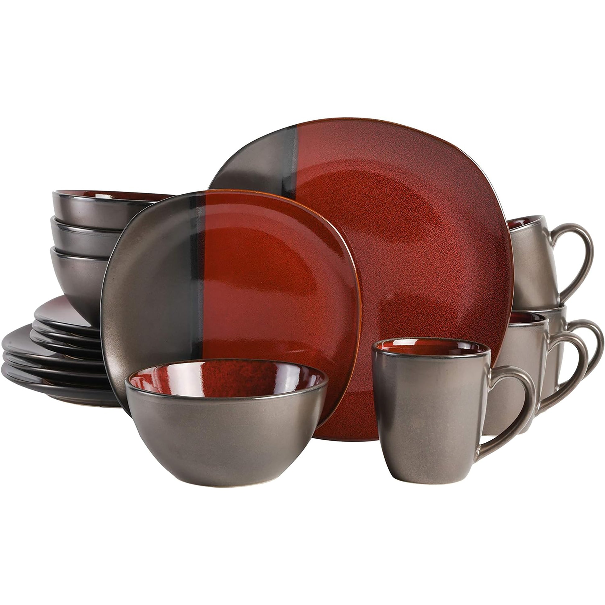 Gibson Elite Volterra 16 Piece Soft Square Stoneware Dinnerware Set in Red & Me