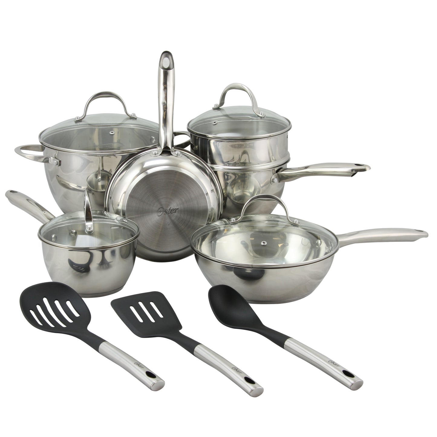 Oster Ridgewell 13 pc Stainless Steel  Belly Shape Cookware Set in Silver Mirror