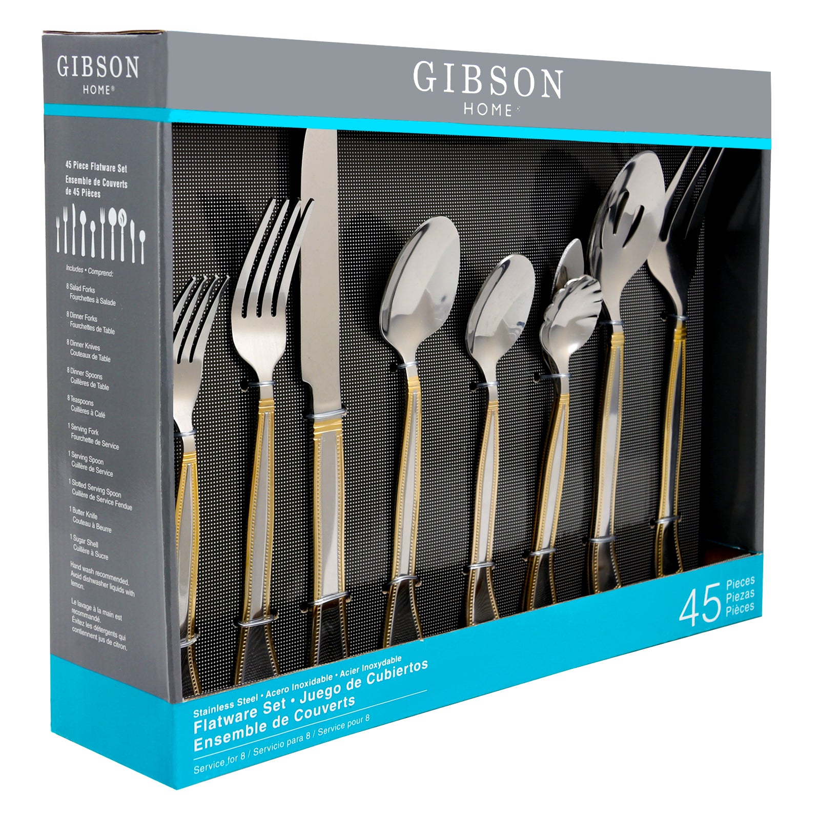 Gibson Home Grand Abby 45 Piece Stainless Steel Flatware Set w Gold Accent Hand