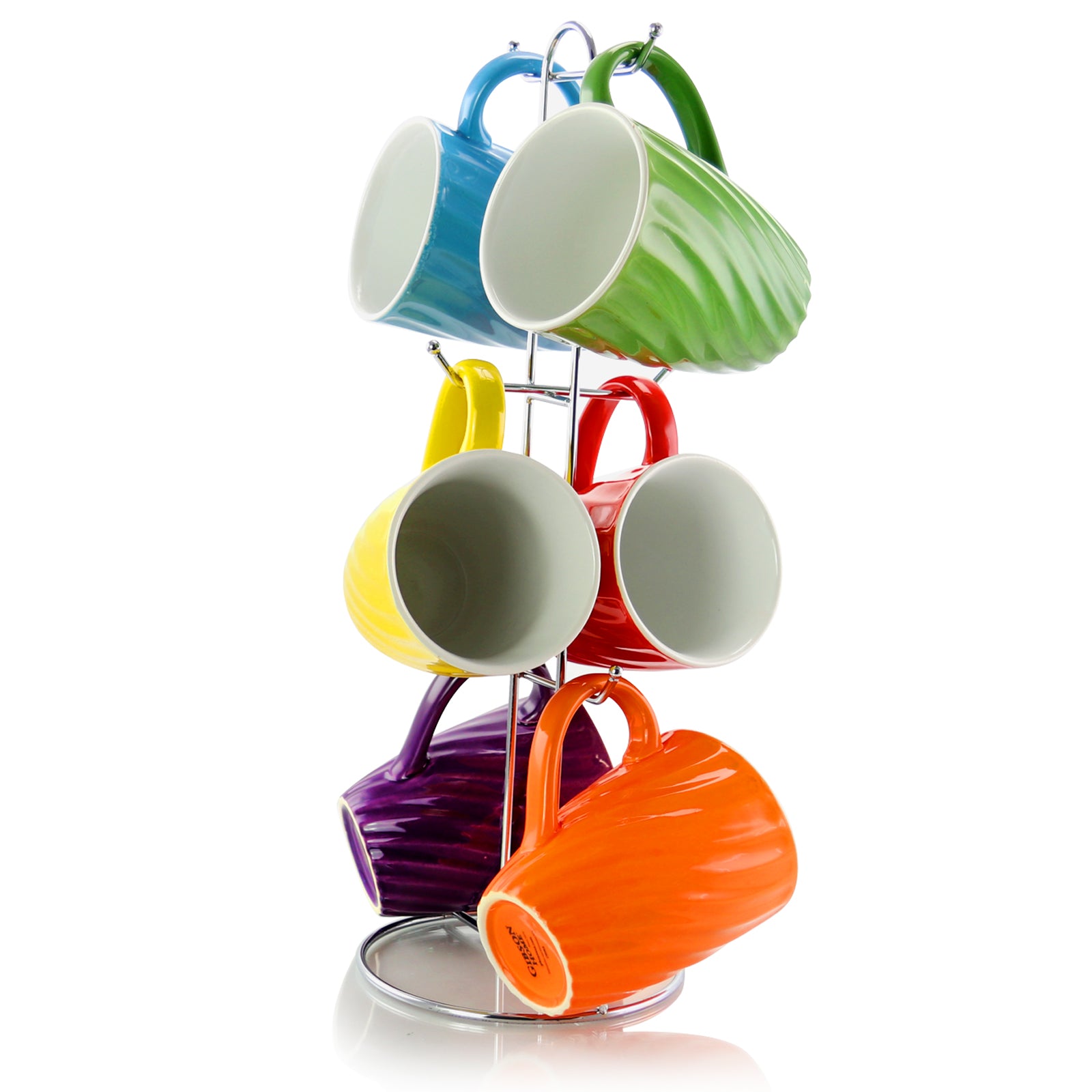 Mr. Coffee Color Delight 6 Piece 10 oz Stoneware Mugs w Metal Stand Assorted Co