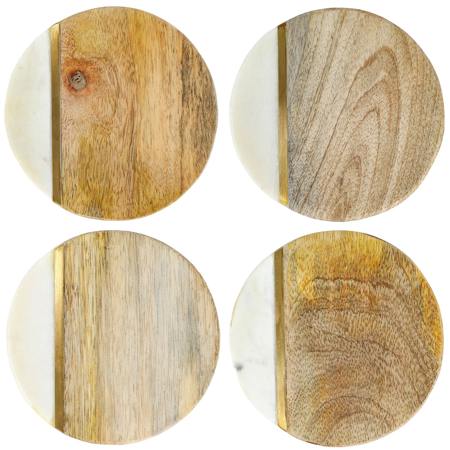 Laurie Gates White Marble & Mango Wood Round 4 Piece Coaster Set