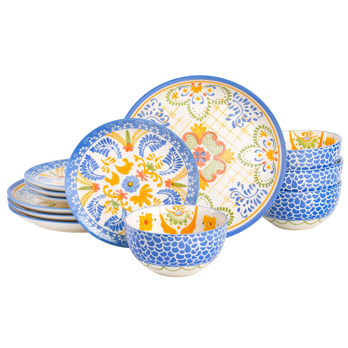 Laurie Gates Tierra Tile 12 Piece Round Stoneware Dinnerware Set in Assorted De