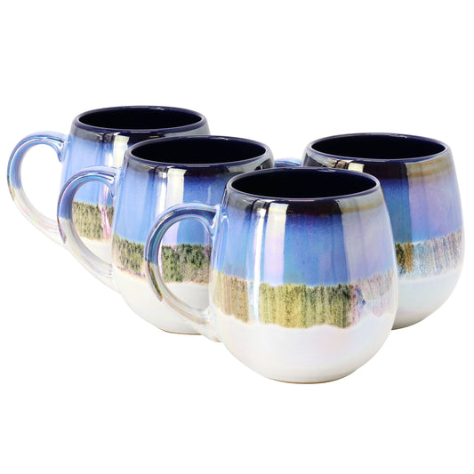 Meritage Luster 4 Piece 19.6 oz Reactive Glaze Stoneware Belly Mug Set in Blue M