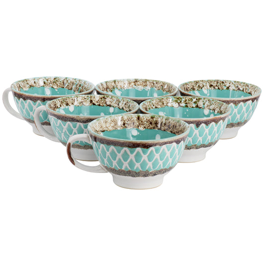 Meritage Otis 6 Piece 27 oz Stoneware Soup Bowl w Handle Set in Turquoise