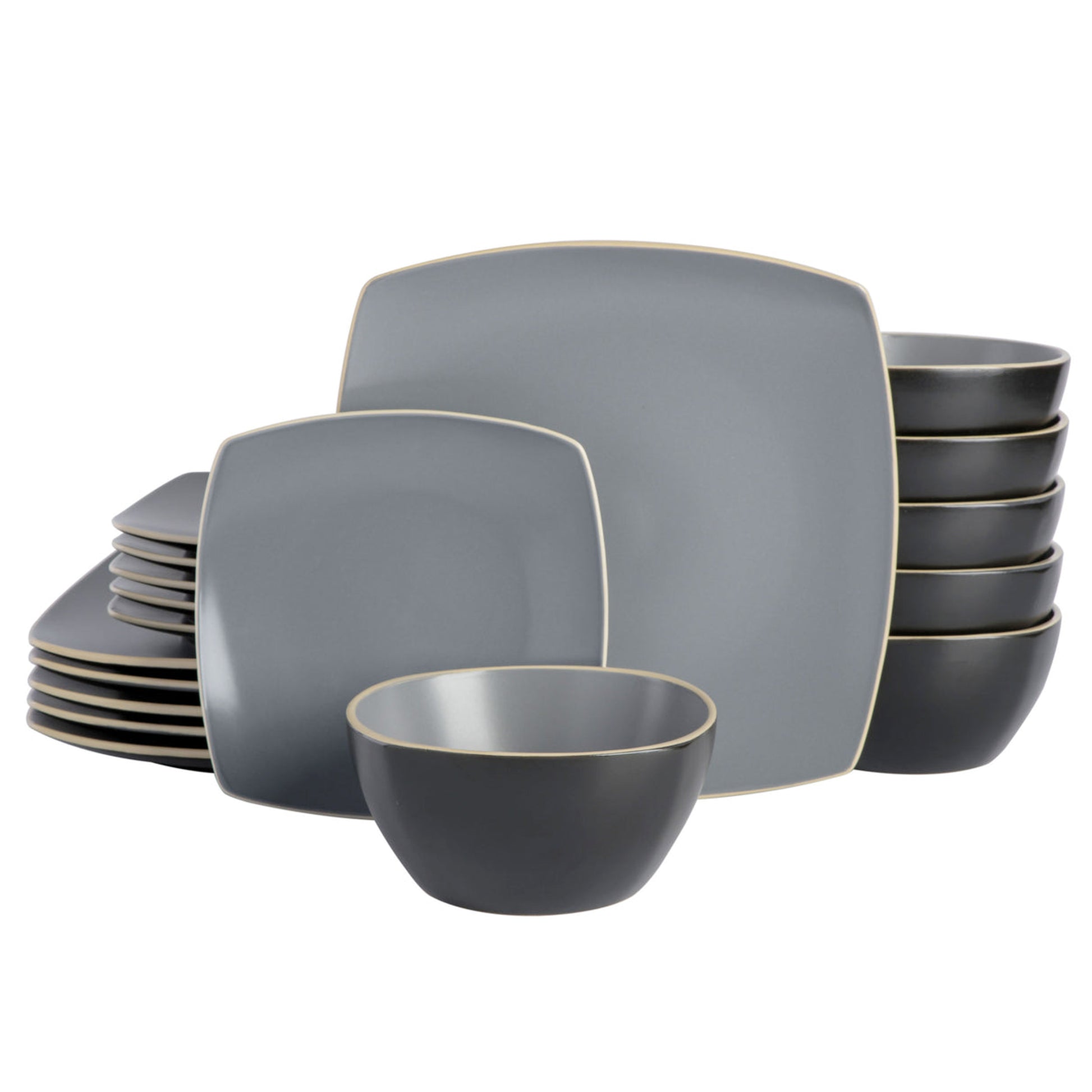 Gibson Soho Lounge 18 Piece Square Stoneware Dinnerware Set in Grey Matte