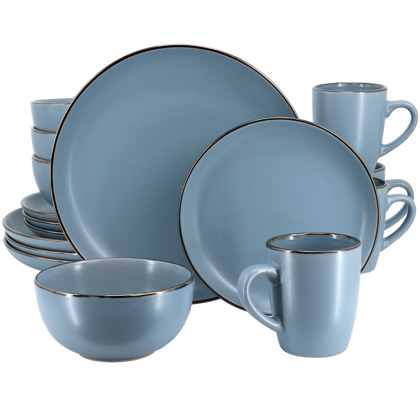 Gibson Home Rockaway 16 Piece Stoneware Metallic Rim Dinnerware Set in Matte Bl