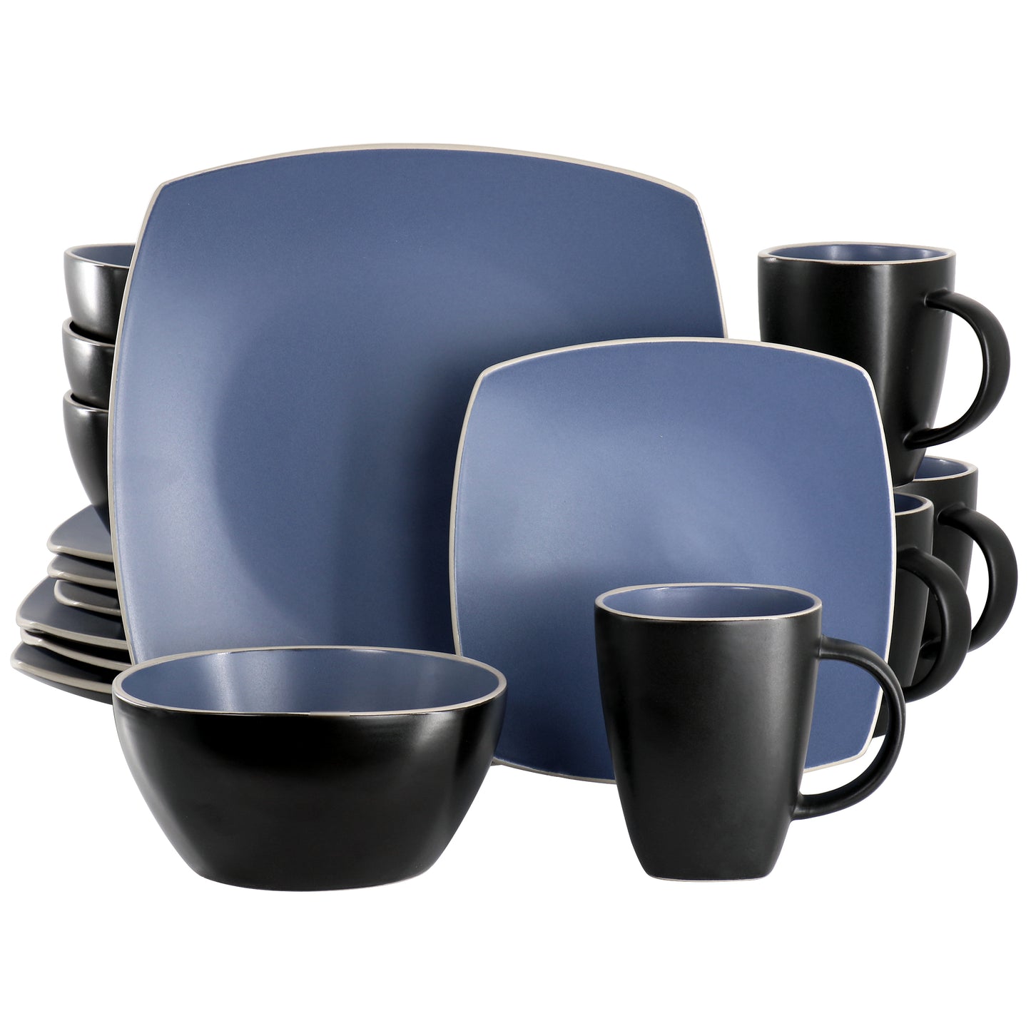 Gibson Soho Lounge 16 Piece Square Stoneware Dinnerware Set in Matte Blue & Bla