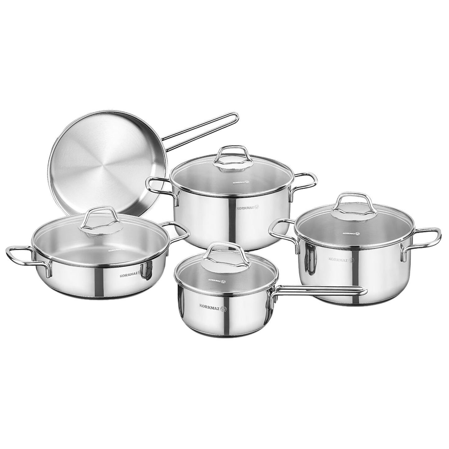 Korkmaz Perla 9 pc Stainless Steel Cookware Set in Silver