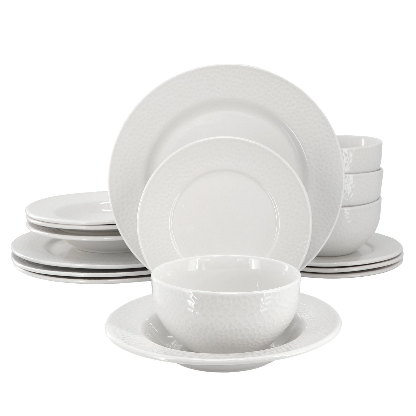 Elama Soyer 16 Piece Textured Design Double Bowl Porcelain Dinnerware Set White