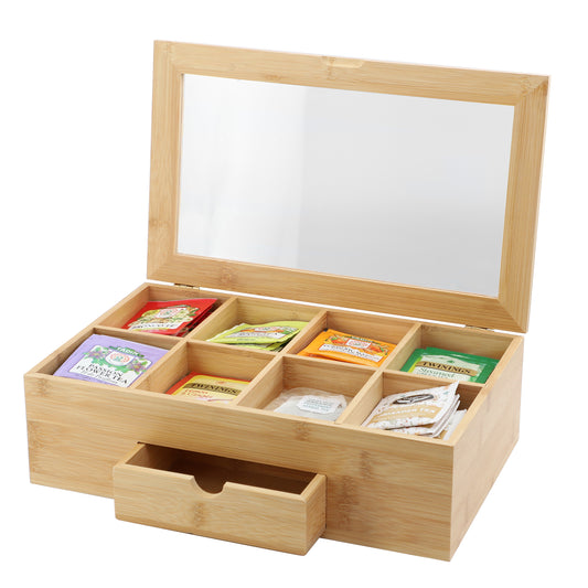 MegaChef 13 x 8" Bamboo Tea Box Organizer w Acrylic Top Window