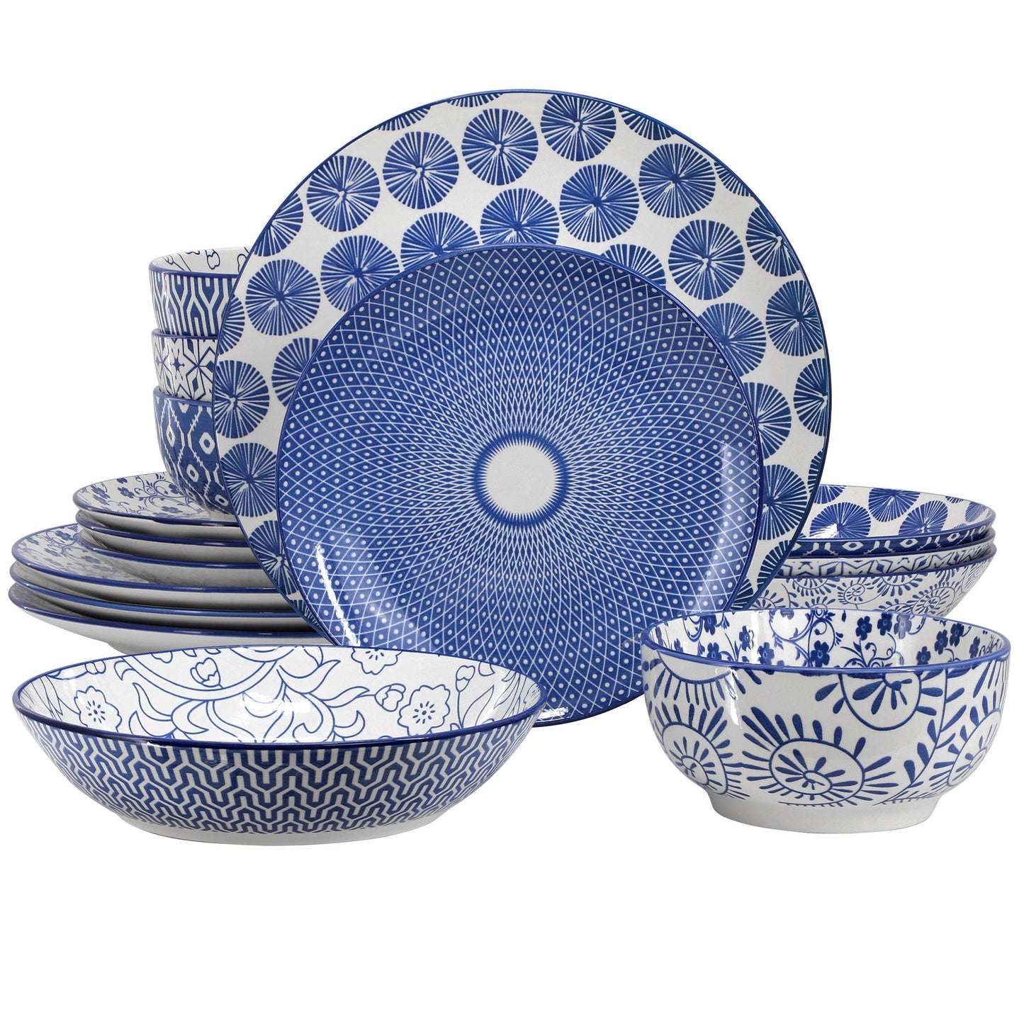 Elama Aurora 16 Piece Assorted Porcelain Double Bowl Dinnerware Set Blue