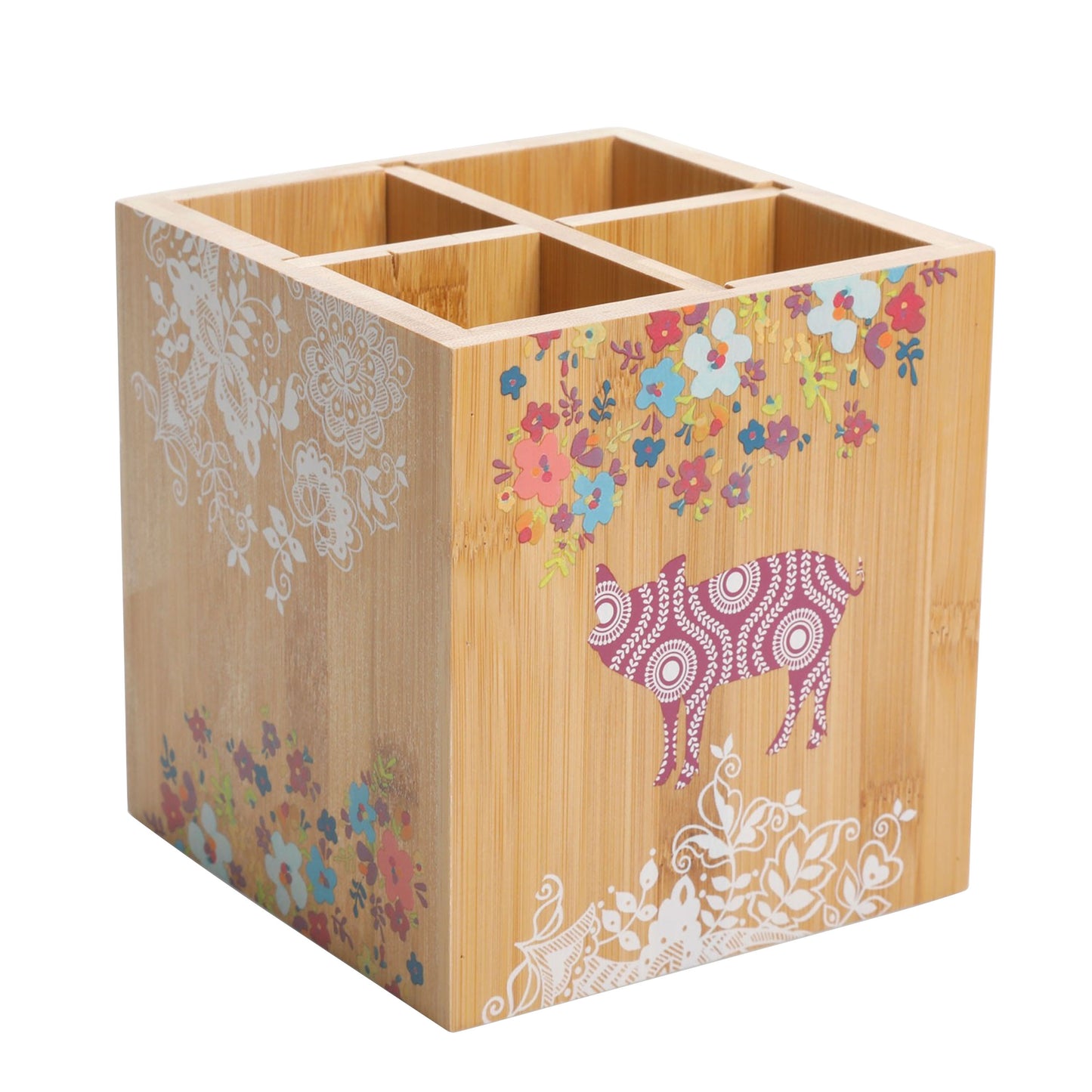 Gibson Urban Market 5.5" Square Bamboo Utensil Holder in Animal & Floral Print