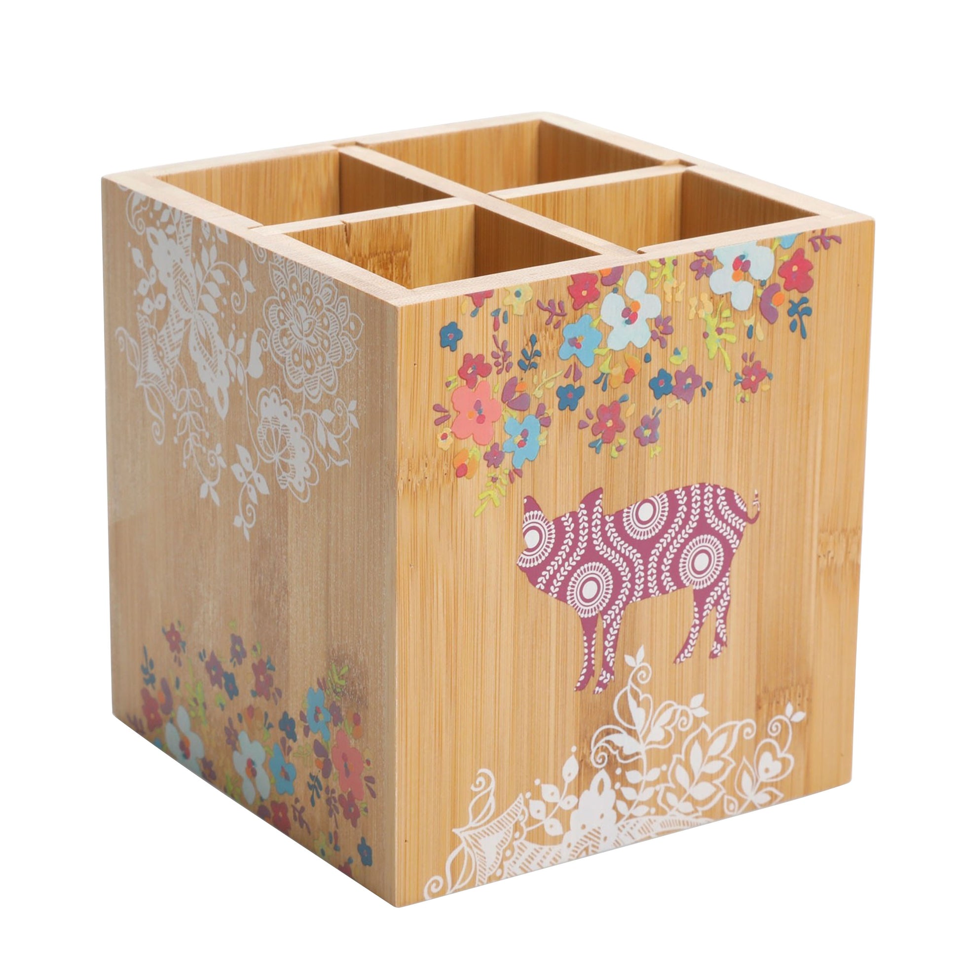Gibson Urban Market 5.5" Square Bamboo Utensil Holder in Animal & Floral Print