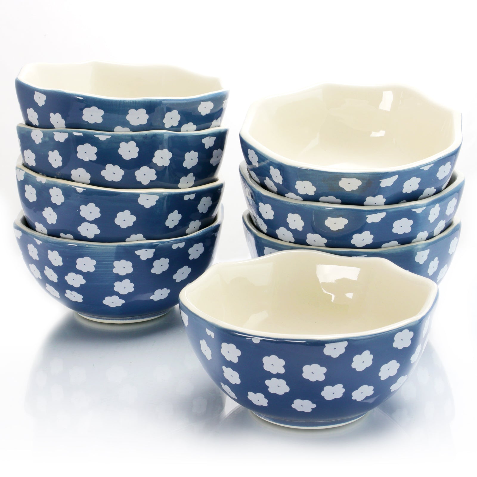 Life On The Farm 8 Piece 4.75" Octagon Shaped Durastone Fruit Bowls in Blue/Whi