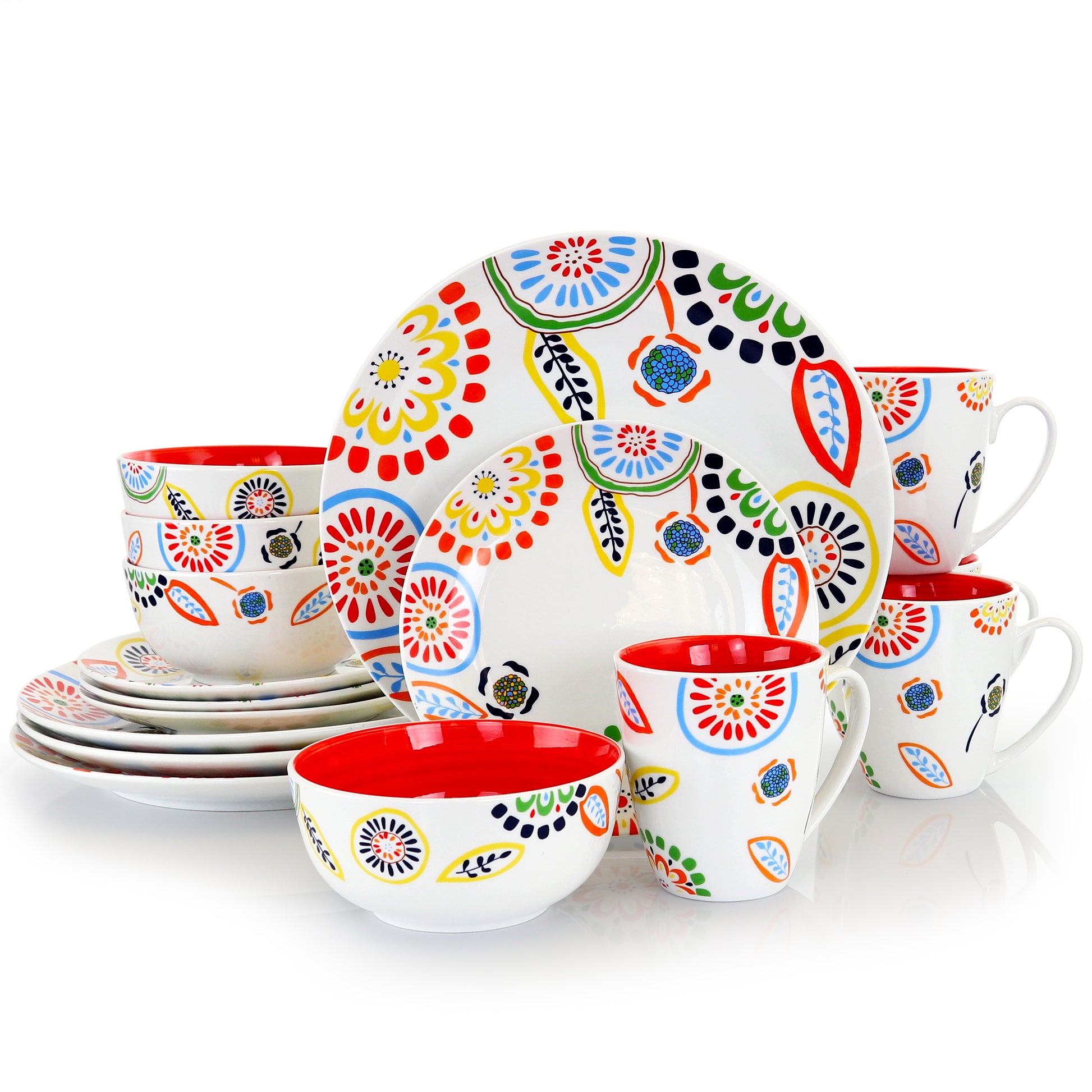Gibson Home Colorful Bazaar 16 Piece Round Fine Ceramic Dinnerware Set in Red O