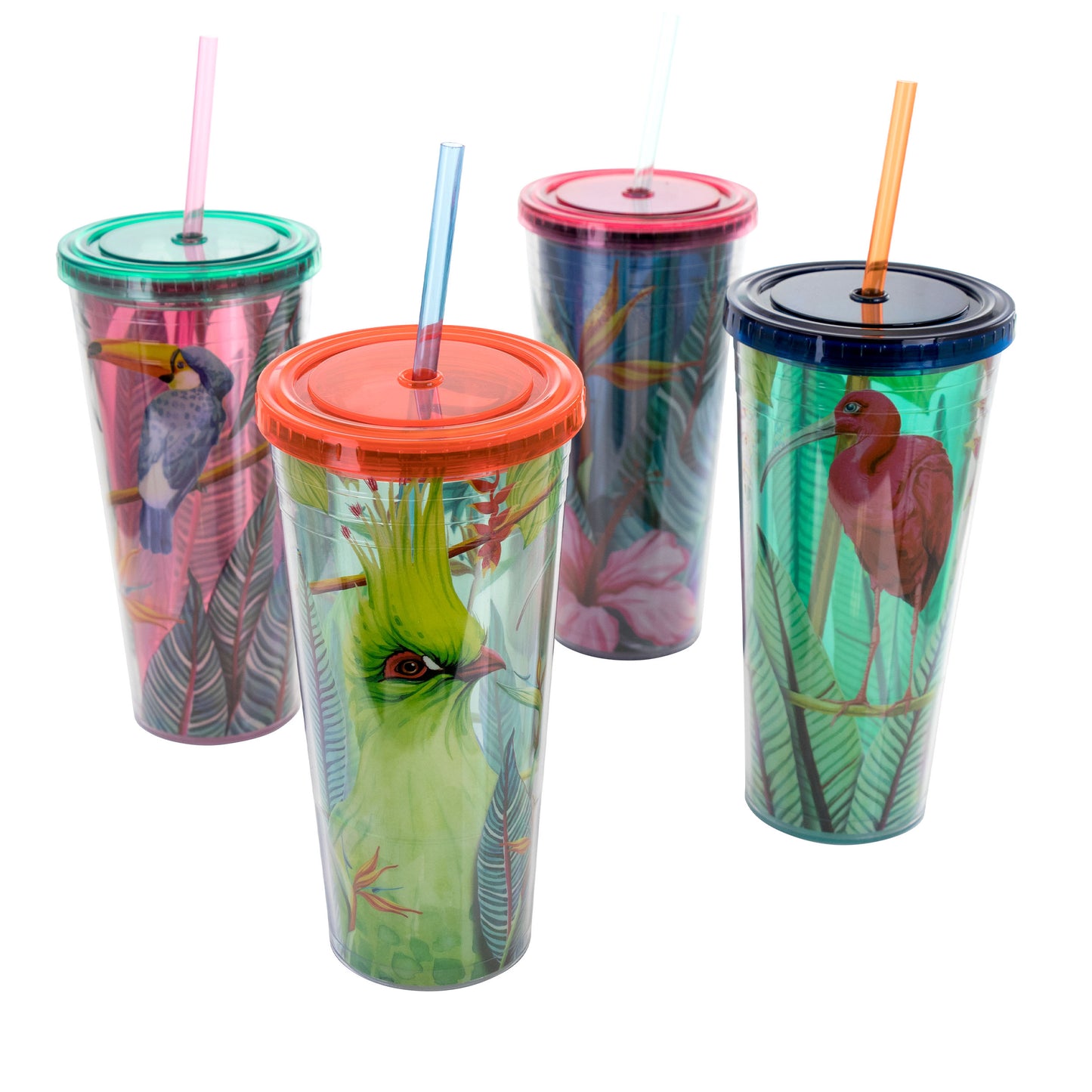 Gibson Home Tropical Bird 4 pc 23.6 oz Double Wall Tumbler Set w Straws