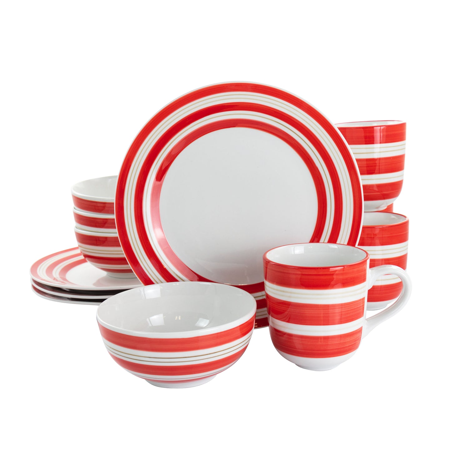 Gibson Home Sunset Stripes 12 pc Round Fine Ceramic Dinnerware Set in Red