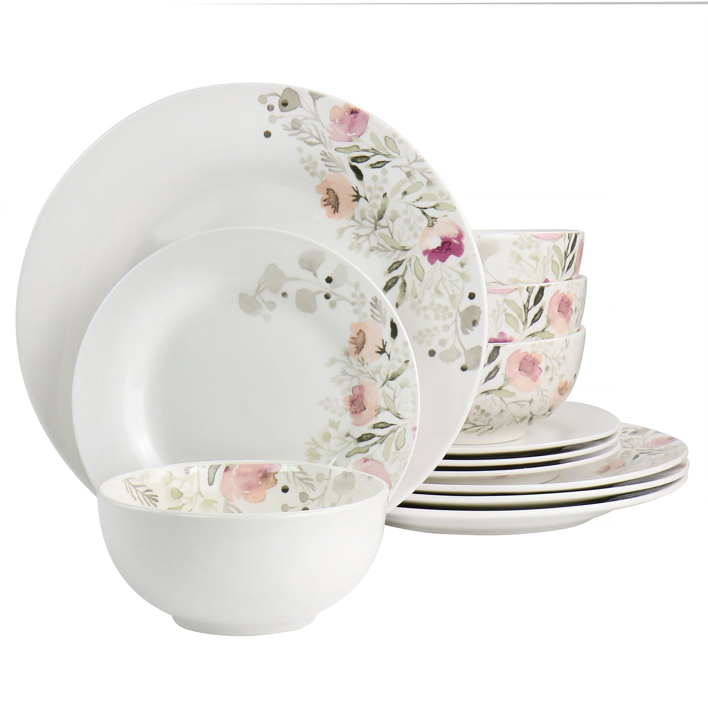 Gibson Home Lily Garden Ceramic 12 Piece Dinnerware Set in White & Pink