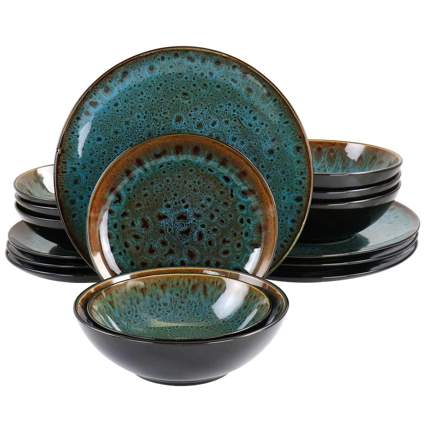 Gibson Elite Kyoto Teal Double Bowl 16 Piece Stoneware Dinnerware Set Teal & Bro