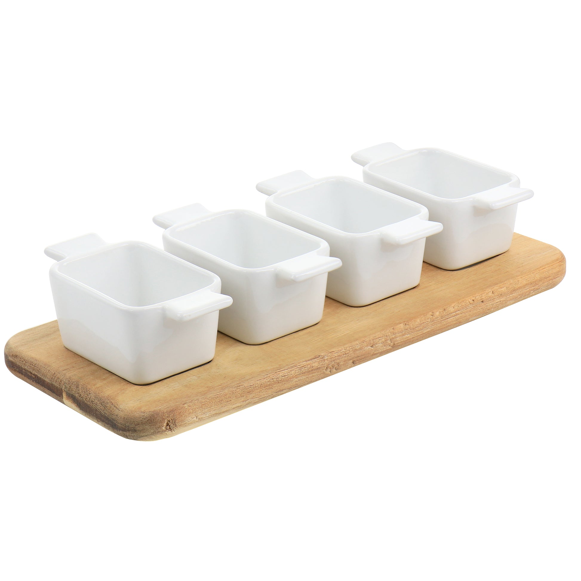Gibson Elite Gracious Dining 5 Piece Fine Ceramic Tidbit Dish Set w Acacia Wood