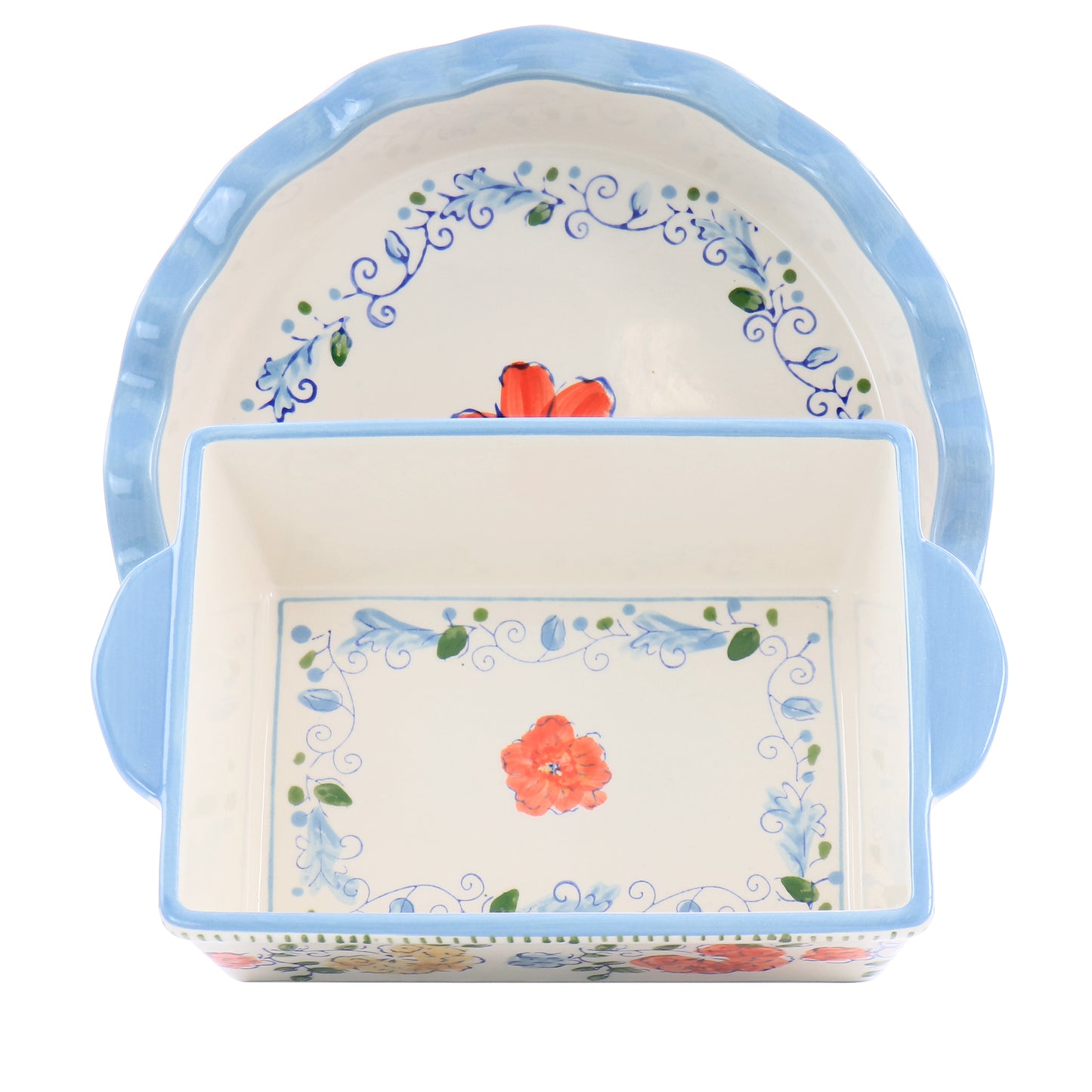 Gibson Elite Anaya 2 Piece Stoneware Bakeware Set w Hand Painted Designs