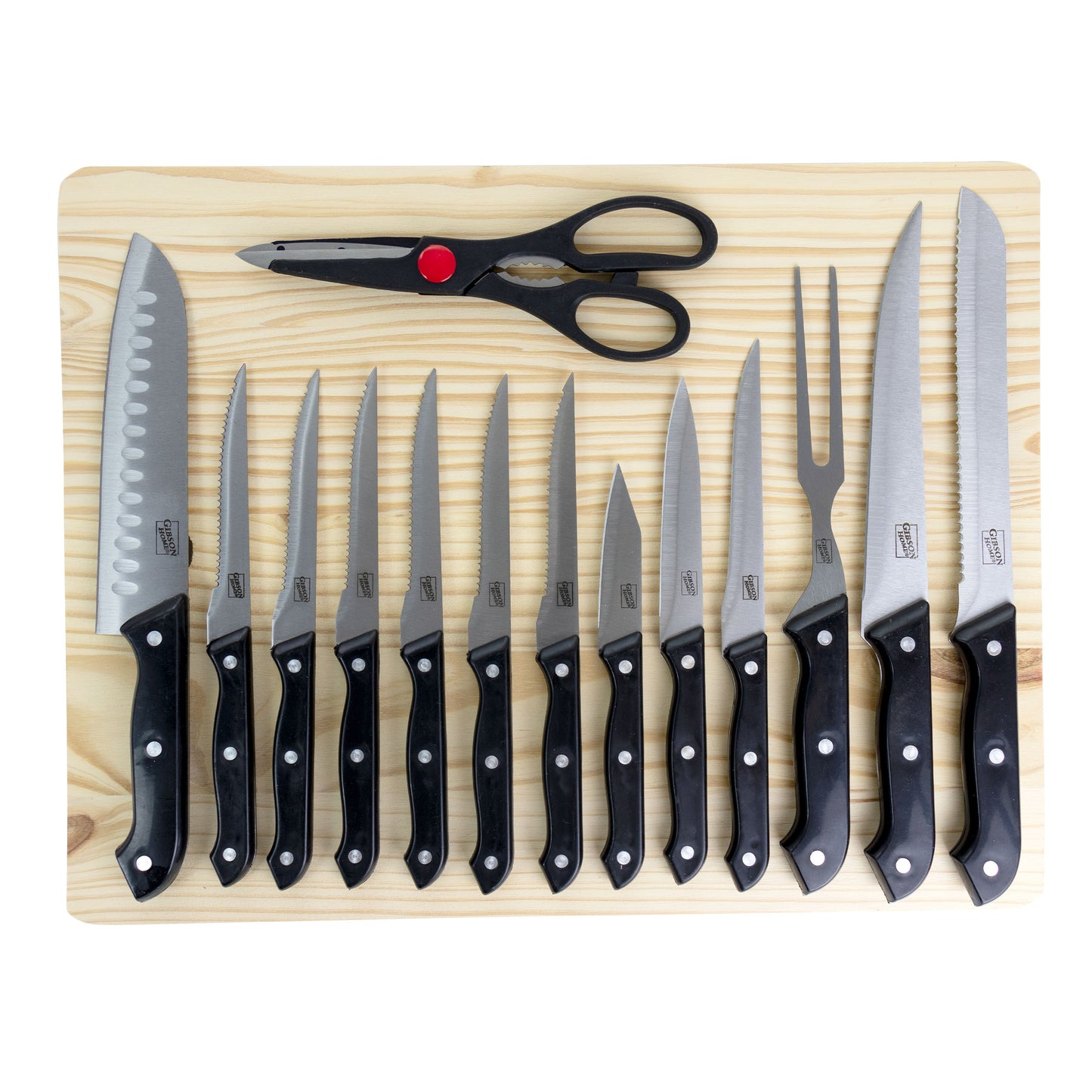 Gibson Home Wildcraft 15 Piece Stainless Steel Cutlery Set w Pine Wood Cutting