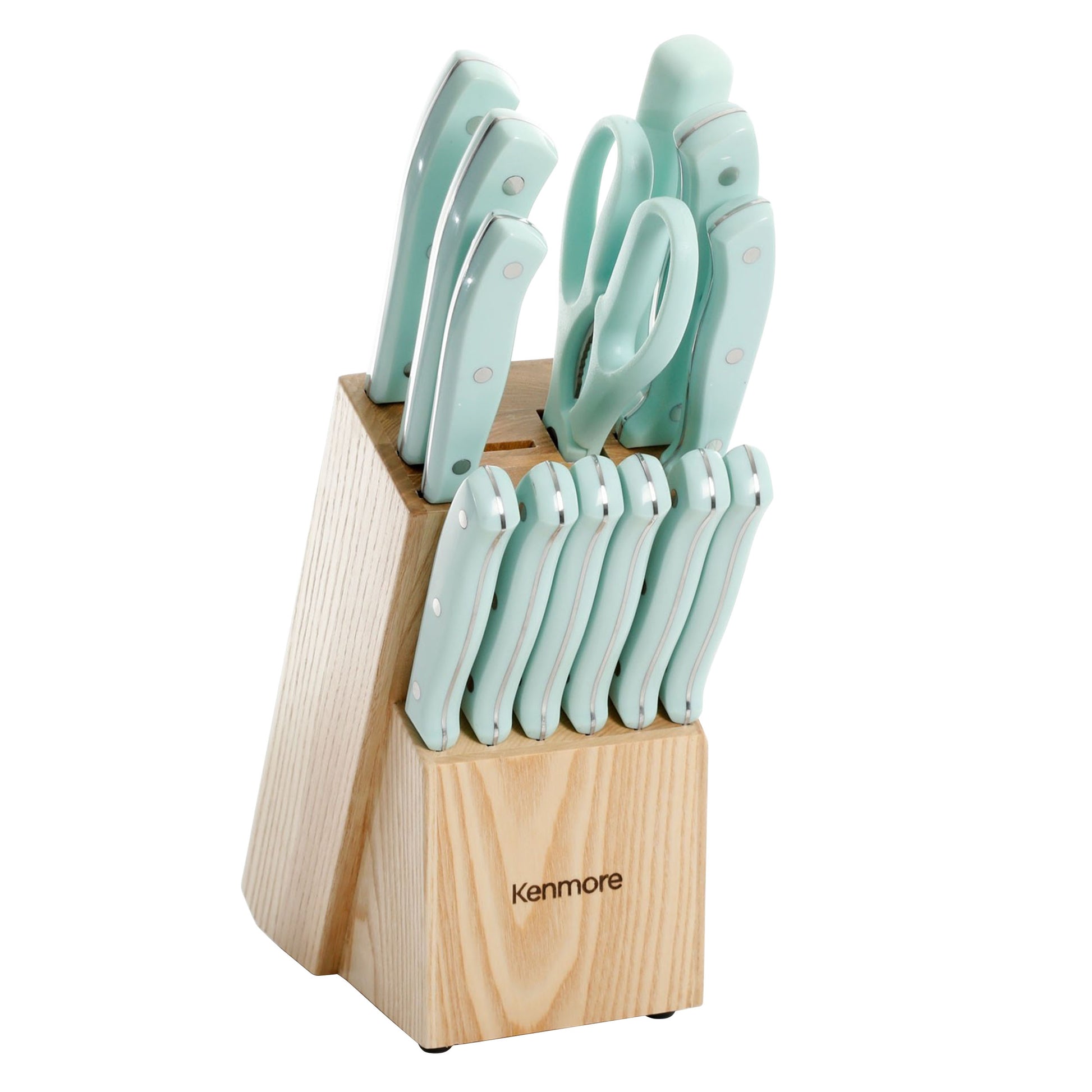 Kenmore Kane 14 Piece Stainless Steel Cutlery Set in Glacier Blue w Rubber Wood