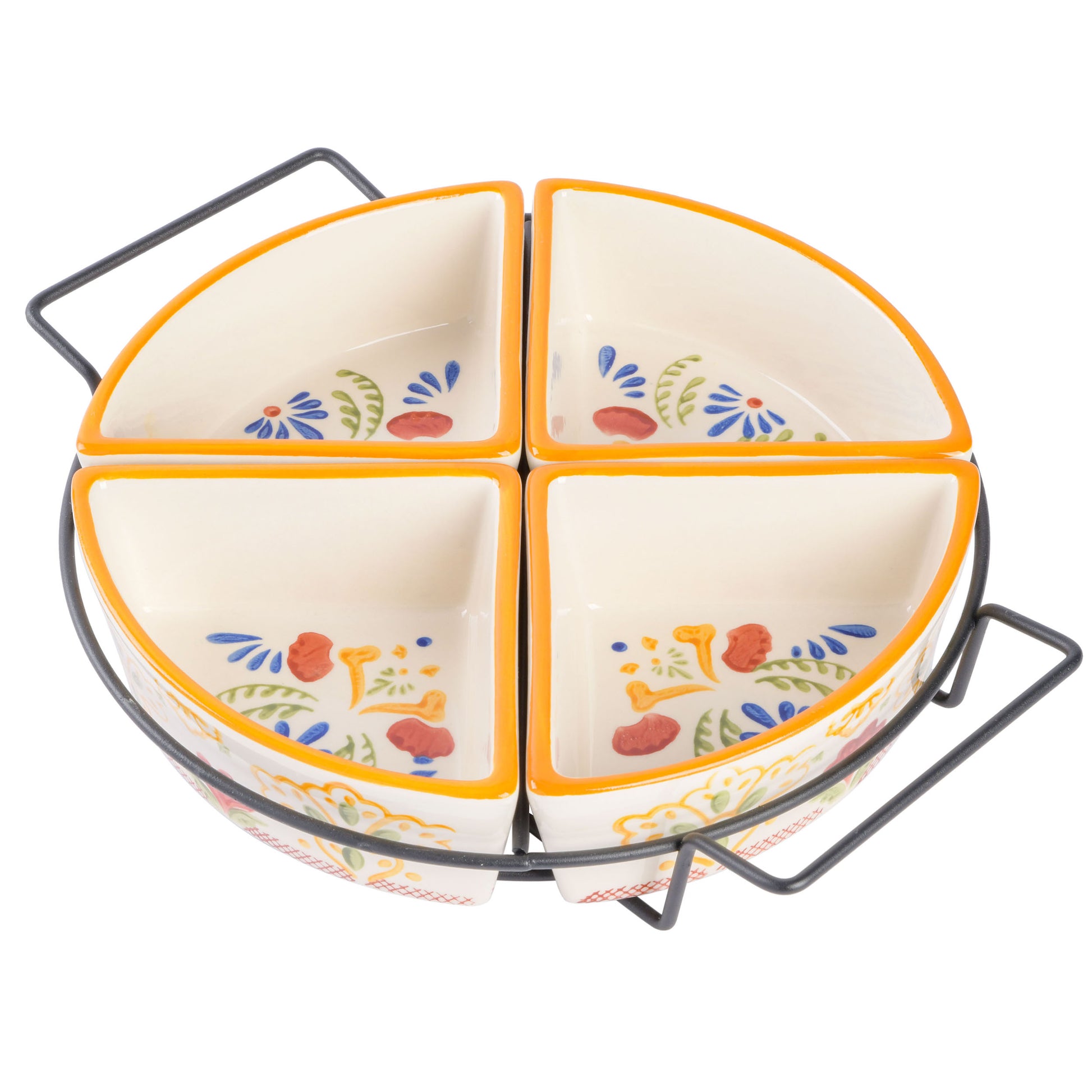 Laurie Gates Tierra 4-Section Hand Painted Stoneware Tidbit Dish w Metal Rack
