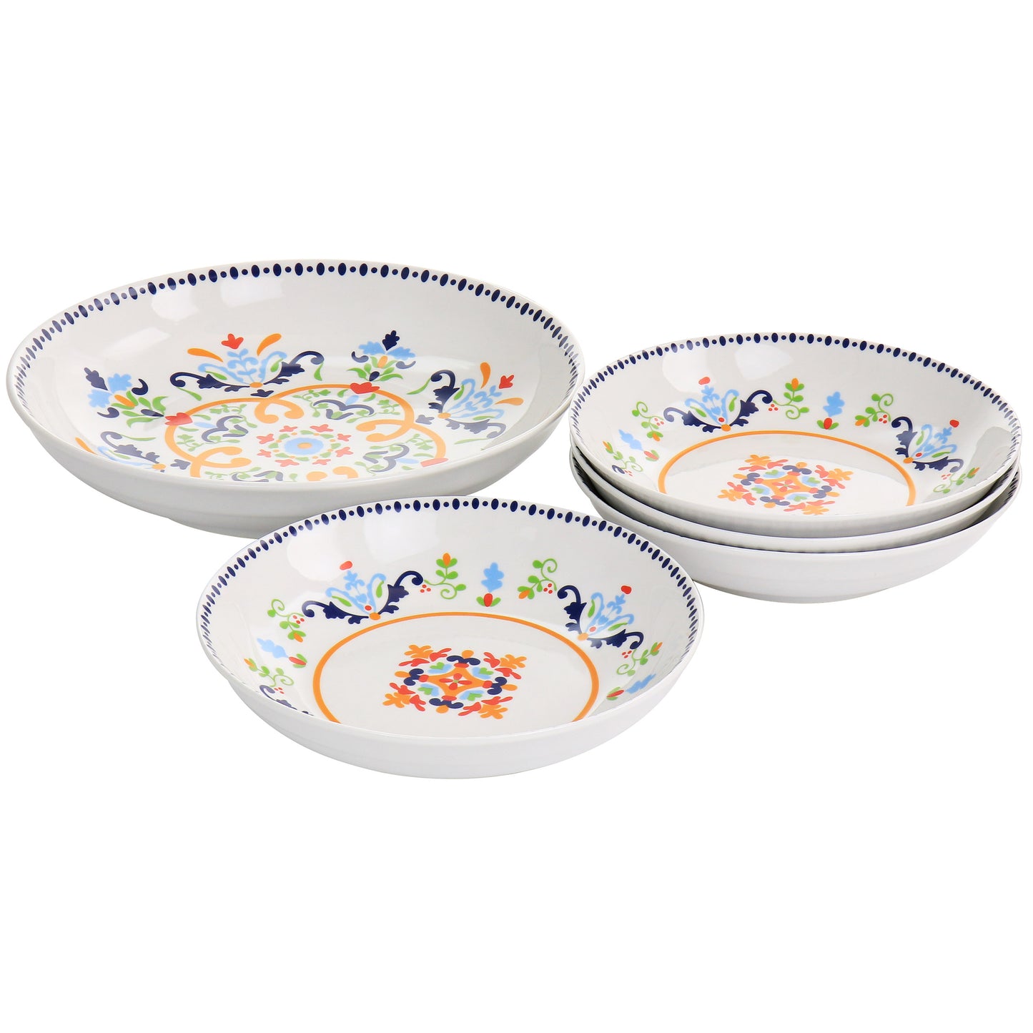 Gibson Home Tijuana 5 Piece Fine Cermic Pasta Bowl Set in White & Multi