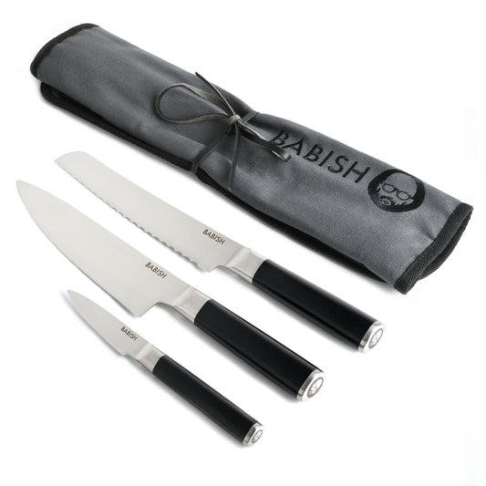 Babish 4 Piece High-Carbon Stainless Steel Knife Set w Knife Roll in Grey