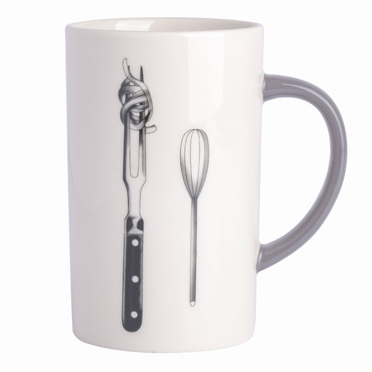 Babish 15 oz Tall Fine Ceramic Fork & Whisk Mug in White