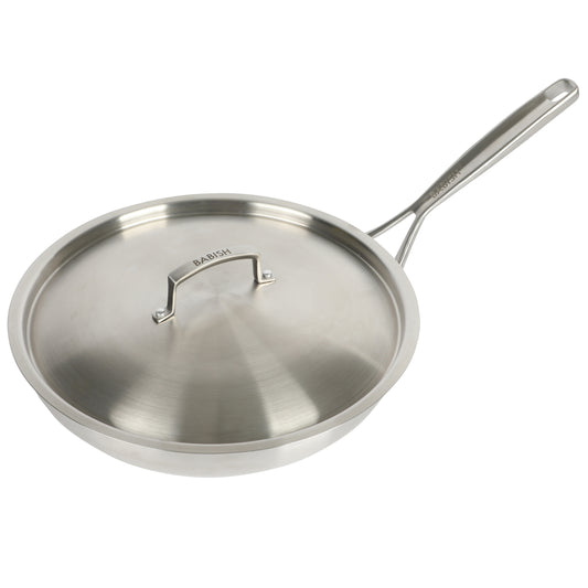 Babish 12.5" Stainless Steel Tri-Ply Double Riveted Fry Pan w Lid in Silver